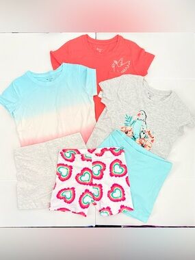 Girls set of 6 t-shirt and shorts - Coral, Aqua & Gray! New tagless. Size 7/8